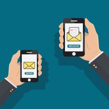 Sending love message concept. Hand holding phone with closed envelope, send button and notification with heart. Finger touch screen. Vector flat cartoon illustration for web sites, banners design