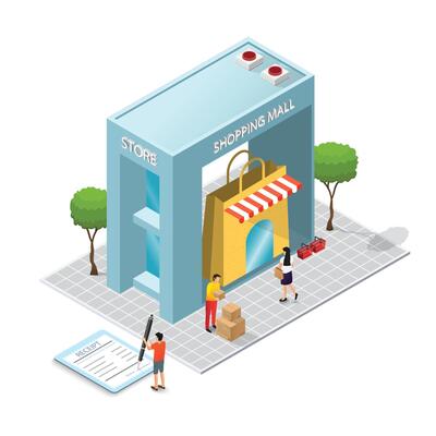 The shopping mall building and consumer concept. Shop construction. Isometry and 3d design. Store model with purchases and goods.