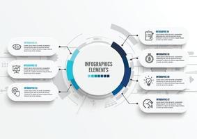 Vector infographic template with 3D paper label, integrated circles. Business concept with 7 options. For content, diagram, flowchart, steps, parts, timeline infographics, workflow, chart.