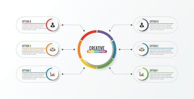 elementos abstractos de la plantilla de infografía vectorial gráfica con etiqueta, círculos integrados. concepto de negocio con 6 opciones. diagrama, diagrama de flujo, pasos, partes, infografías de línea de tiempo, flujo de trabajo, gráfico. vector