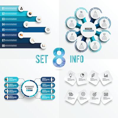 Set vector infographic template with 3D paper label, integrated circles. Business concept with 8 options. For content, diagram, flowchart, steps, parts, timeline infographics, workflow, chart.