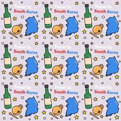 Travel to South Korea doodle seamless pattern vector design. Kimchi, Map, Flag icons identic with south Korea