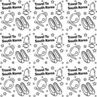 viajar a corea del sur doodle diseño de vector de patrones sin fisuras. kimchi, mapa, iconos de bandera idénticos a los de corea del sur