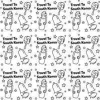 viajar a corea del sur doodle diseño de vector de patrones sin fisuras. kimchi, mapa, iconos de bandera idénticos a los de corea del sur