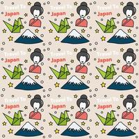 viajar a japón doodle diseño de vector de patrones sin fisuras. sushi, fuji, origami son íconos idénticos a japón.