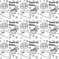 viajar a china doodle diseño de vector de patrones sin fisuras. linterna, panda y fideos son íconos idénticos con china.