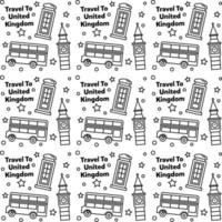 viajar a reino unido doodle diseño de vector de patrones sin fisuras. autobús, mapa y bandera son iconos idénticos con el Reino Unido