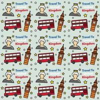 Travel to United Kingdom doodle seamless pattern vector design. Bus, Map and Flag are identic icons with UK