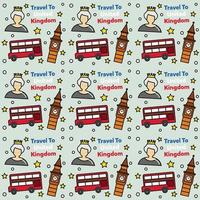 Travel to United Kingdom doodle seamless pattern vector design. Bus, Map and Flag are identic icons with UK