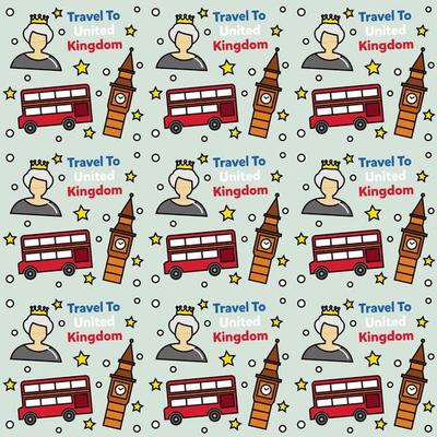 Travel to United Kingdom doodle seamless pattern vector design. Bus, Map and Flag are identic icons with UK