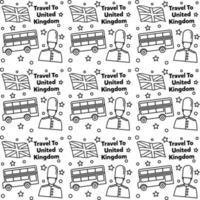 Travel to United Kingdom doodle seamless pattern vector design. Bus, Map and Flag are identic icons with UK