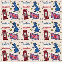 Travel to United Kingdom doodle seamless pattern vector design. Bus, Map and Flag are identic icons with UK