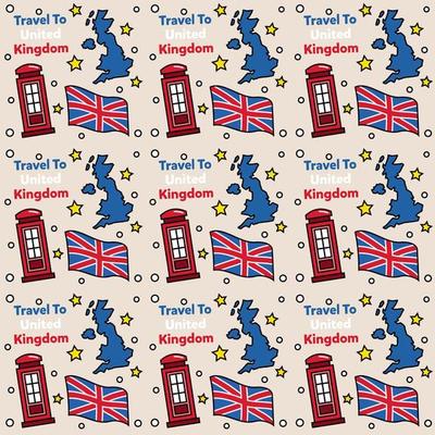 Travel to United Kingdom doodle seamless pattern vector design. Bus, Map and Flag are identic icons with UK