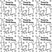 viajar a corea del sur doodle diseño de vector de patrones sin fisuras. kimchi, mapa, iconos de bandera idénticos a los de corea del sur