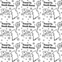 viajar a corea del sur doodle diseño de vector de patrones sin fisuras. kimchi, mapa, iconos de bandera idénticos a los de corea del sur