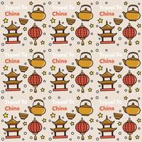 Travel to China doodle seamless pattern vector design. Lantern, Panda and noodle are identic icon with China.