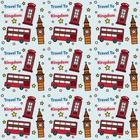 Travel to United Kingdom doodle seamless pattern vector design. Bus, Map and Flag are identic icons with UK