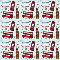 Travel to United Kingdom doodle seamless pattern vector design. Bus, Map and Flag are identic icons with UK