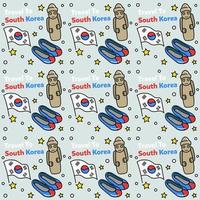 viajar a corea del sur doodle diseño de vector de patrones sin fisuras. kimchi, mapa, iconos de bandera idénticos a los de corea del sur