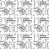 viajar a corea del sur doodle diseño de vector de patrones sin fisuras. kimchi, mapa, iconos de bandera idénticos a los de corea del sur