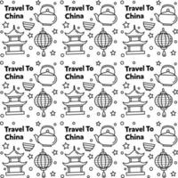 Travel to China doodle seamless pattern vector design. Lantern, Panda and noodle are identic icon with China.