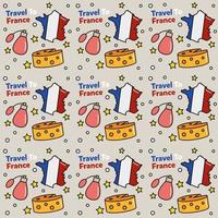 Travel to France doodle seamless pattern vector design. Wine, Rooster, Cheese are identic icons with France