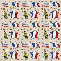 viajar a francia doodle diseño vectorial de patrones sin fisuras. vino, gallo, queso son íconos idénticos con francia vector