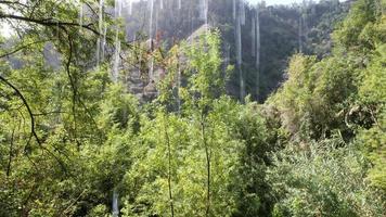 water dat van bovenaf valt op een wandelpad op een zonnige dag. mooie plekken, reis de wereld rond en ontdek zijn wonderen. nomaden leven. abstracte achtergrond en texturen. video