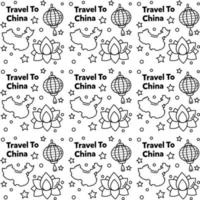 viajar a china doodle diseño de vector de patrones sin fisuras. linterna, panda y fideos son íconos idénticos con china.