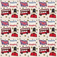 Travel to United Kingdom doodle seamless pattern vector design. Bus, Map and Flag are identic icons with UK