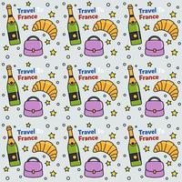 viajar a francia doodle diseño vectorial de patrones sin fisuras. vino, gallo, queso son íconos idénticos con francia vector