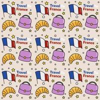 viajar a francia doodle diseño vectorial de patrones sin fisuras. vino, gallo, queso son íconos idénticos con francia vector