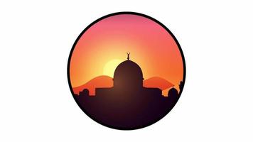 puesta de sol animada la silueta de una mezquita. puesta de sol detrás de la mezquita
