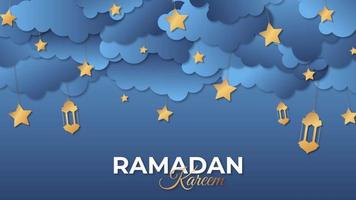ramadan kareem achtergrond. ramadan kareem belettering met sterren en lantaarns. achtergrond voor ramadan kareem met hangende kaarslantaarns, sterren en tekst. geanimeerde illustratie video