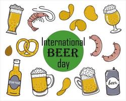 Vector collection of international beer day. Isolated illustrations of alcohol and snacks on a white background. Glass, bottle, can of ale. Chips, shrimps, sausages, pretzel. Flat style. Oktoberfest