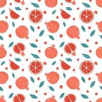 Seamless Pattern with Half, Slice and Whole Garnet, Leaves and Seeds. Pomegranate Hand Drawn Background. Fruit ornament for wallpaper, fabric, menu, wrapping paper, food package and interior design