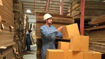 Aziatische mannelijke werknemer in veiligheidsuniform en veiligheidshelm controleert de verzendorders in het pakjesmagazijn, de papierfabriek voor de verpakkingsindustrie, de logistieke transportservice. video