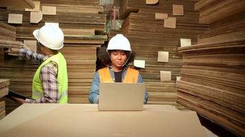 afroamerikansk kvinnlig arbetare i säkerhetsuniform och hjälm och manlig kollega inspekterar lagring, lagerbeställning på fabrikslagret, högar med staplande papperstillverkning, industriprodukthantering. video