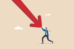 Resilience to survive investment crash, crisis or recession, pushing back or effort to win business challenge, economic recession concept, businessman pushing falling down arrow with full effort. vector