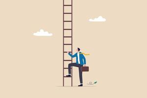 Challenge to climb up success ladder, unknown journey ahead, step to new career opportunity, determination to achieve goal concept, confidence businessman look up to begin climbing ladder of success. vector