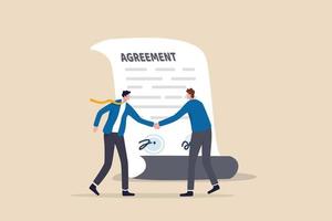 acuerdo comercial, documento de acuerdo o colaboración, negociación de contrato o éxito, concepto ejecutivo de apretón de manos, empresarios socios estrechando la mano después de firmar el documento de acuerdo comercial. vector