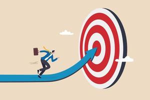 Progress to goal or reaching business target, motivation or challenge to achieve success, career growth or improvement concept, ambitious businessman running on growth arrow path to target bullseye. vector