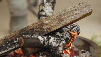 fuego de madera de roble en una barbacoa en ceniza y humo video