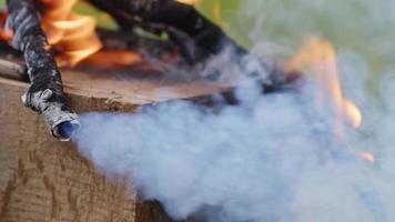 fuego de madera de roble en una barbacoa en ceniza y humo video