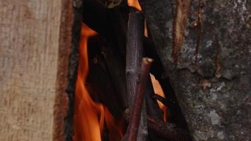 fogo de madeira de carvalho em um churrasco em cinzas e fumaça