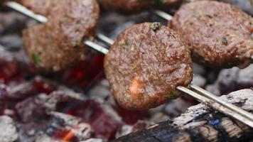 Cooking Cow Meatball Food on a Barbecue Wood Fire