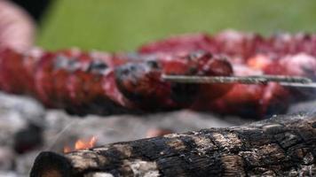 cozinhar comida de salsicha em um churrasco fogo de madeira