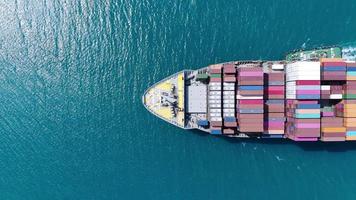 Aerial top view of smart cargo ship carrying container and running for export  goods  from  cargo yard port to other ocean concept freight shipping ship