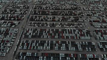 vue aérienne beaucoup de voitures pour l'importation et l'exportation de voitures neuves au nouveau port de triage automobile video