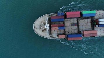 antenne d'un cargo intelligent transportant un conteneur et courant pour l'exportation de marchandises du port de fret vers un autre navire d'expédition de fret de concept océanique sur fond de ciel bleu.